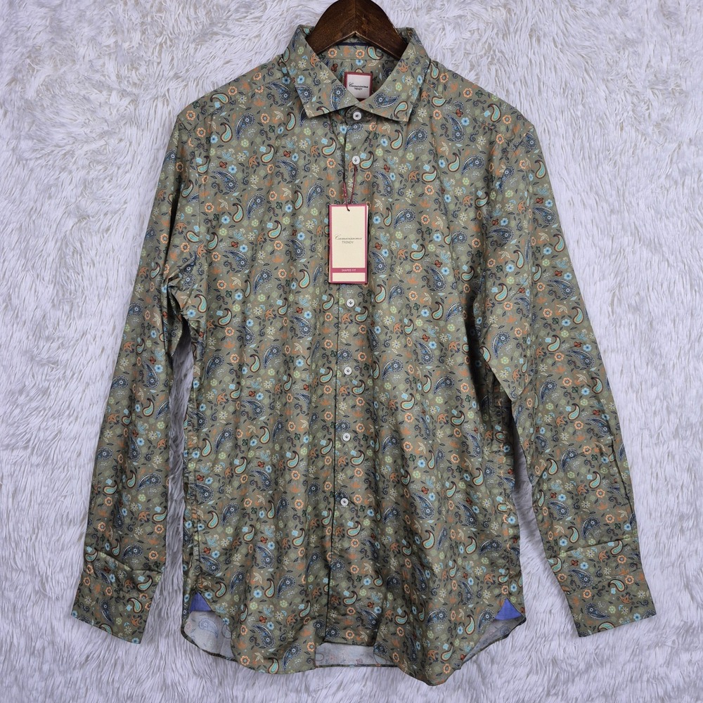 Camicissima Trendy Mens Paisley Poplin Shirt Military Green Shaped Fit 42 16.5